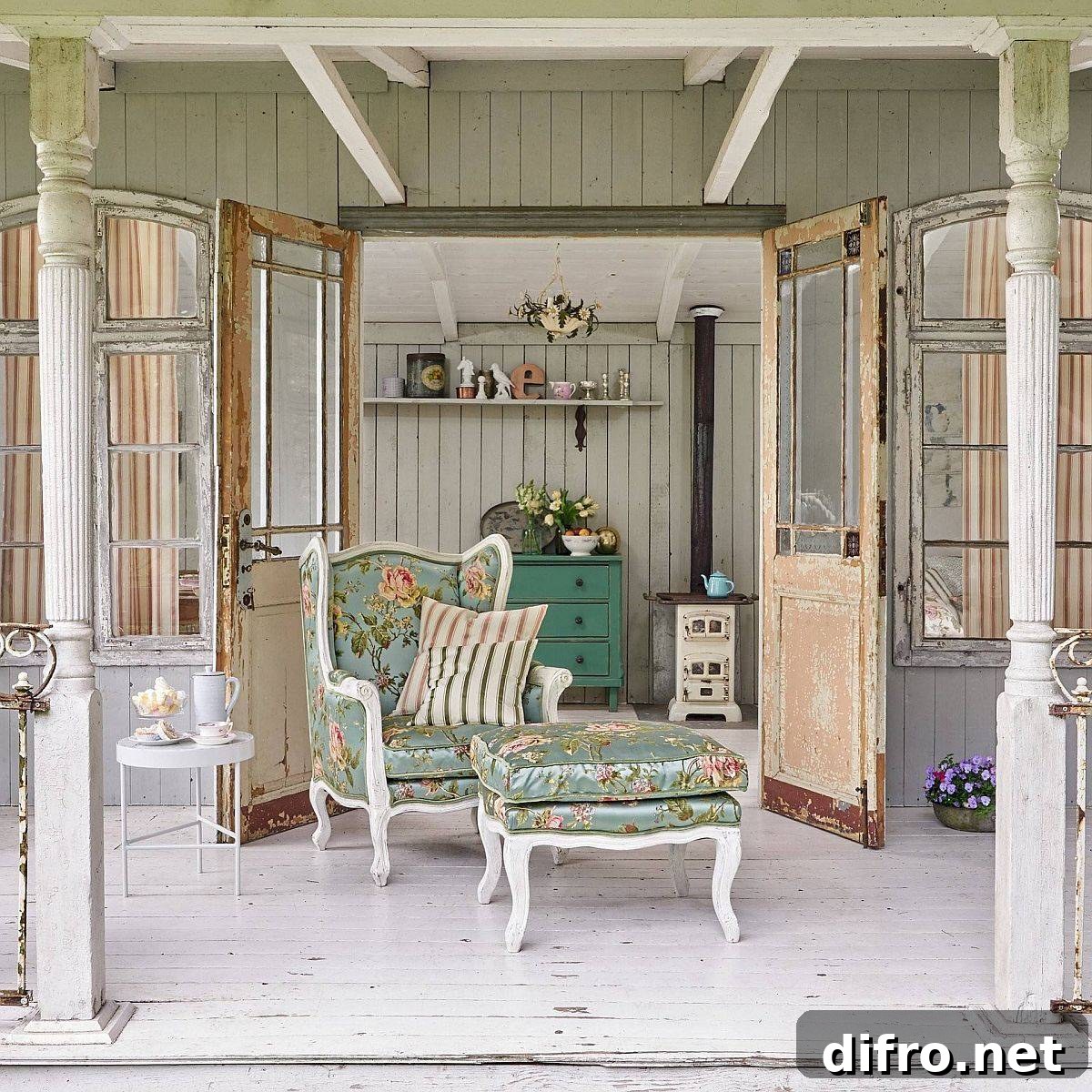 Vintage decor on a white shabby-chic porch