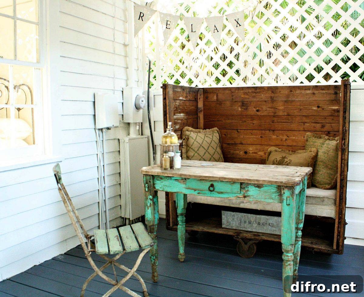 Simple and elegant shabby-chic porch with reclaimed decor