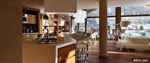 Warm interiors and fireplace at Chalet Zermatt Peak