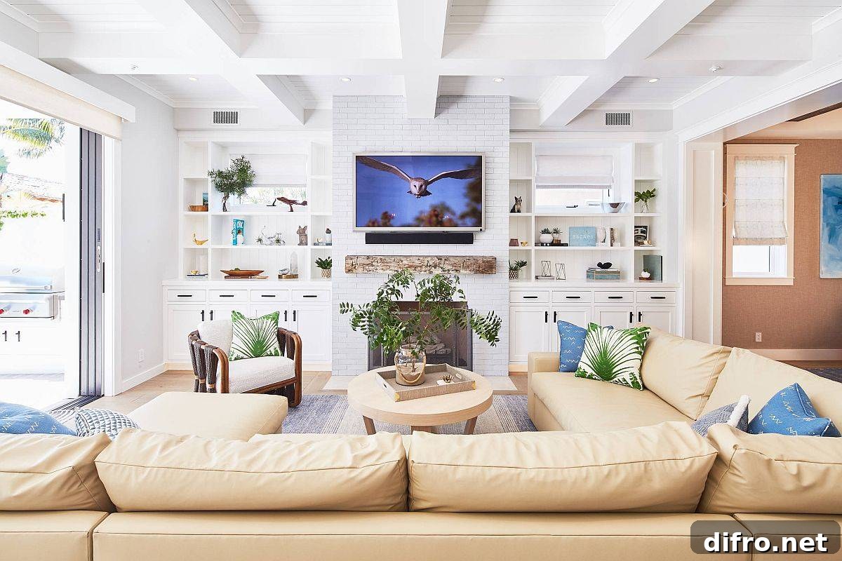 Modern farmhouse family room in white with blue accents