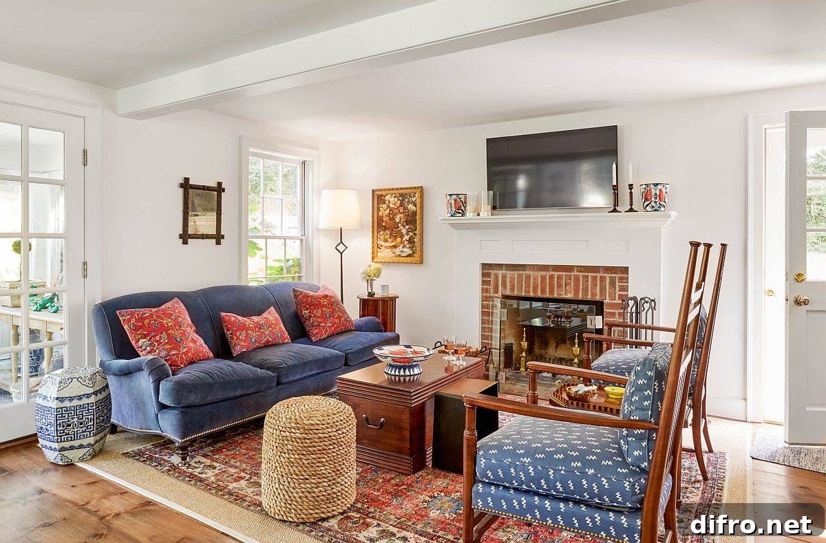 Decor and colorful couches in modern farmhouse family room