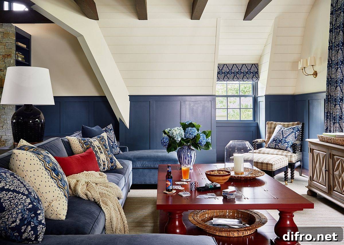 Farmhouse style family room in white and blue