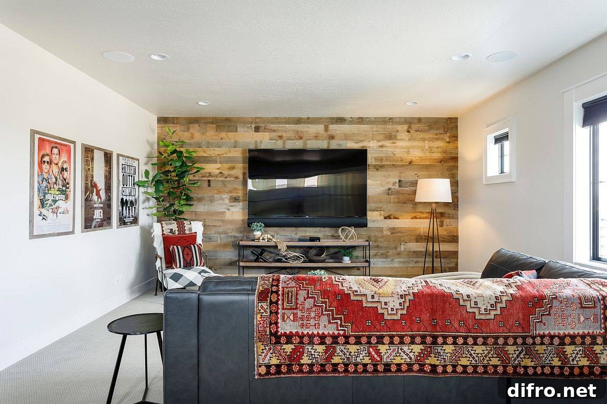 Reclaimed wood accent wall in a small family room