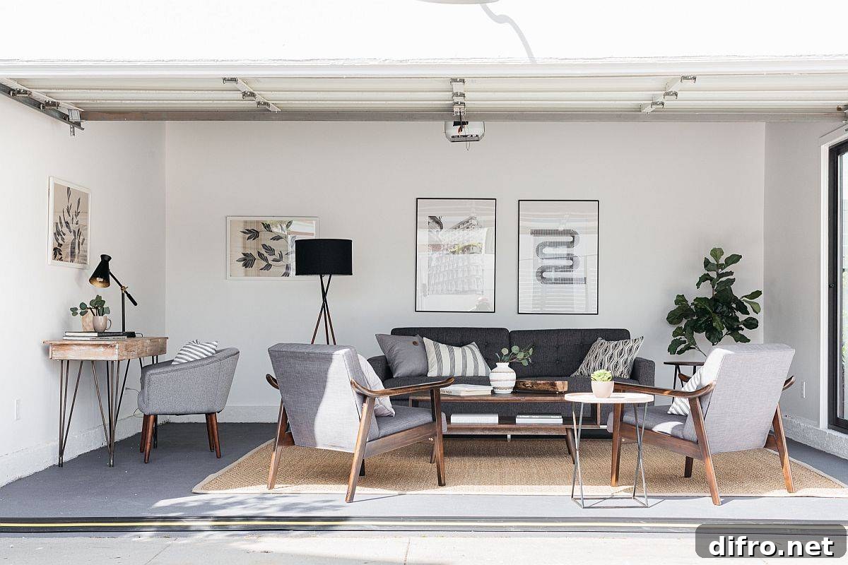Modern farmhouse family room in gray with small workstation