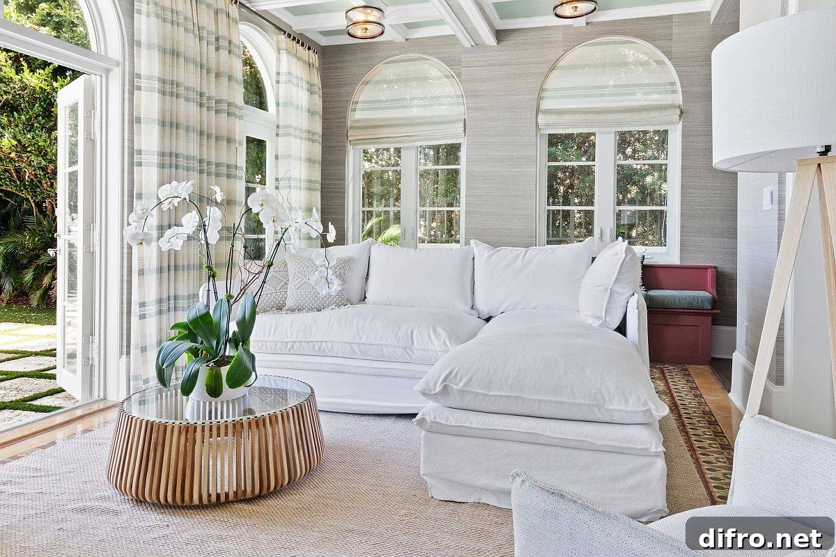 Textured gray walls with white sofa and plaid curtains