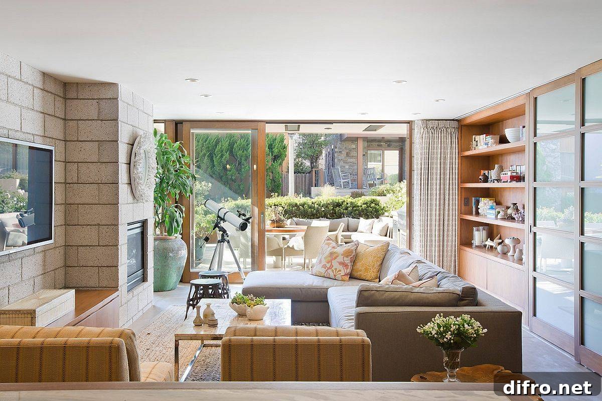 Modern beach style family room with woodsy elements