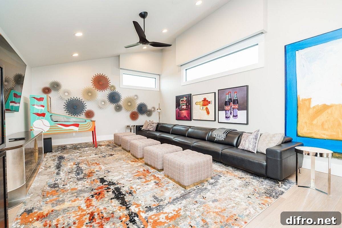 Innovative modern family room with color accents