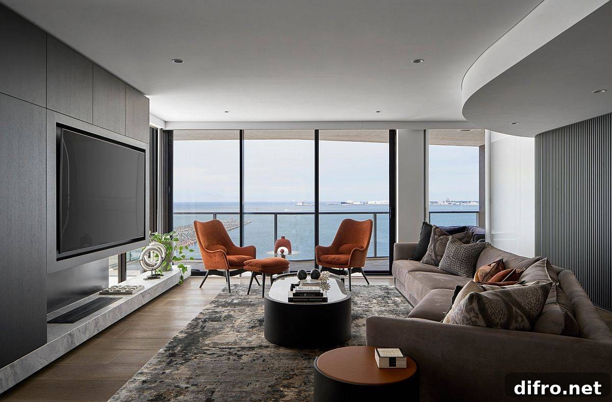 Contemporary family room with impressive views