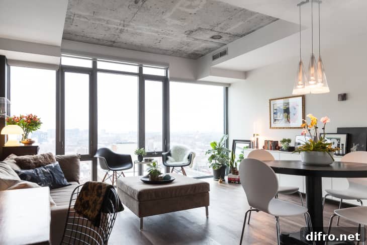 Floor-to-Ceiling Windows to Maximize Natural Light and Space 3 Modern Toronto condo with concrete ceiling, modern furniture, and floor-to-ceiling windows.