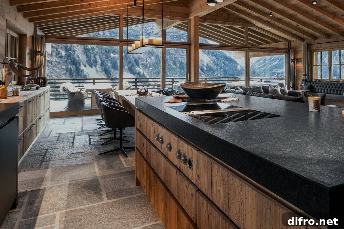 Floor-to-Ceiling Windows to Maximize Natural Light and Space 6 Gorgeous mountain view from a chalet kitchen through floor-to-ceiling windows.