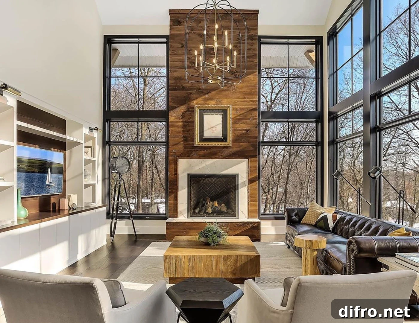 Floor-to-Ceiling Windows to Maximize Natural Light and Space 9 Modern living room with a fireplace flanked by floor-to-ceiling windows.