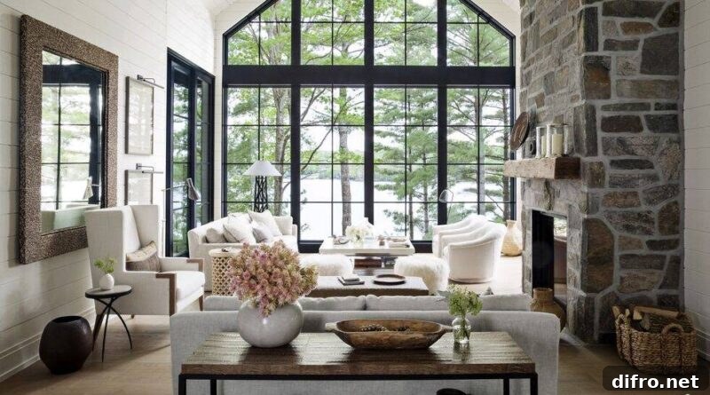 Floor-to-Ceiling Windows to Maximize Natural Light and Space 10 Modern living room flanked by grid-like floor-to-ceiling windows.