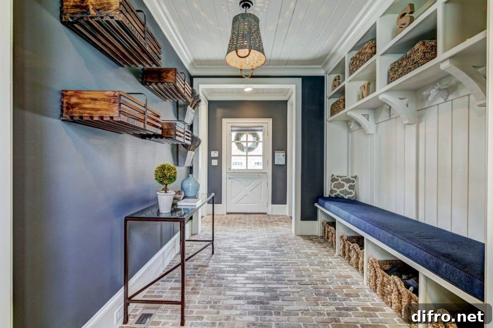 Long hallway with long bench and shelves above