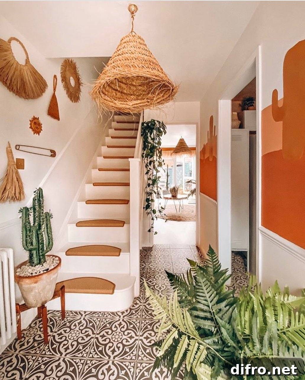 Carpeted entryway with woven decorations and plants