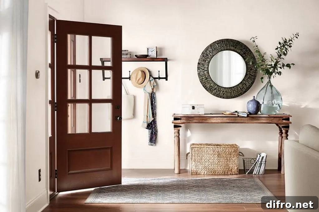 Hallway with round mirror and desk
