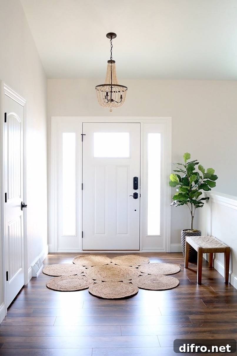 Minimalist foyer with bench and potted plant
