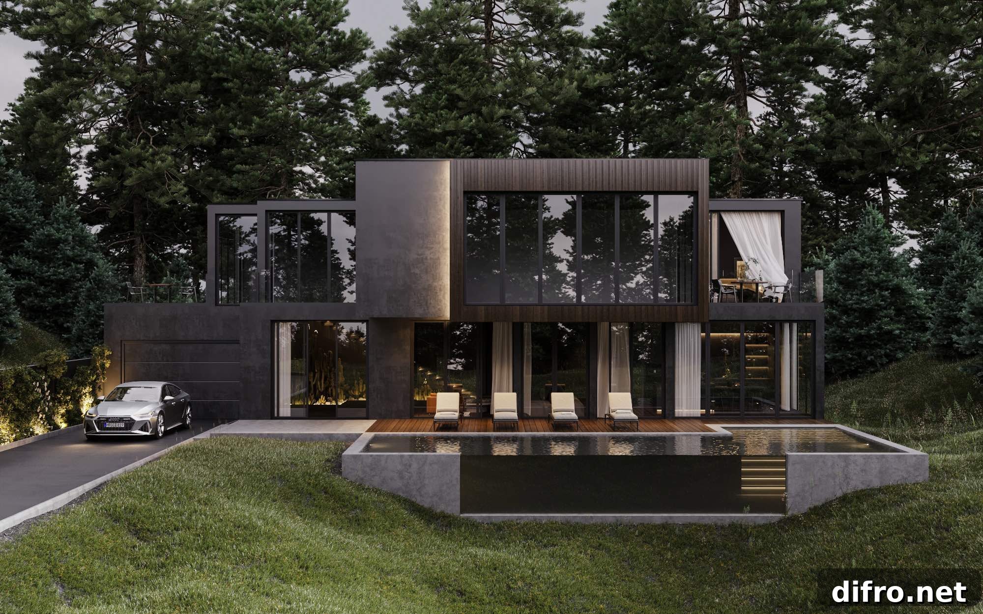 Black house in the woods with car and pool
