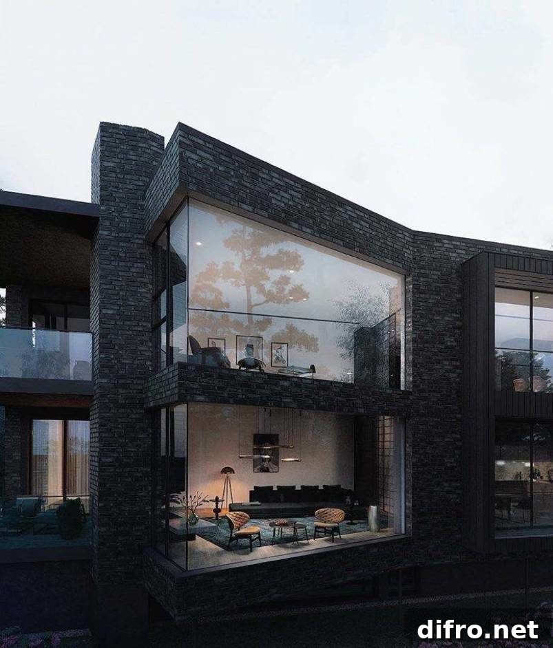 Living room visible through glass wall of a black house