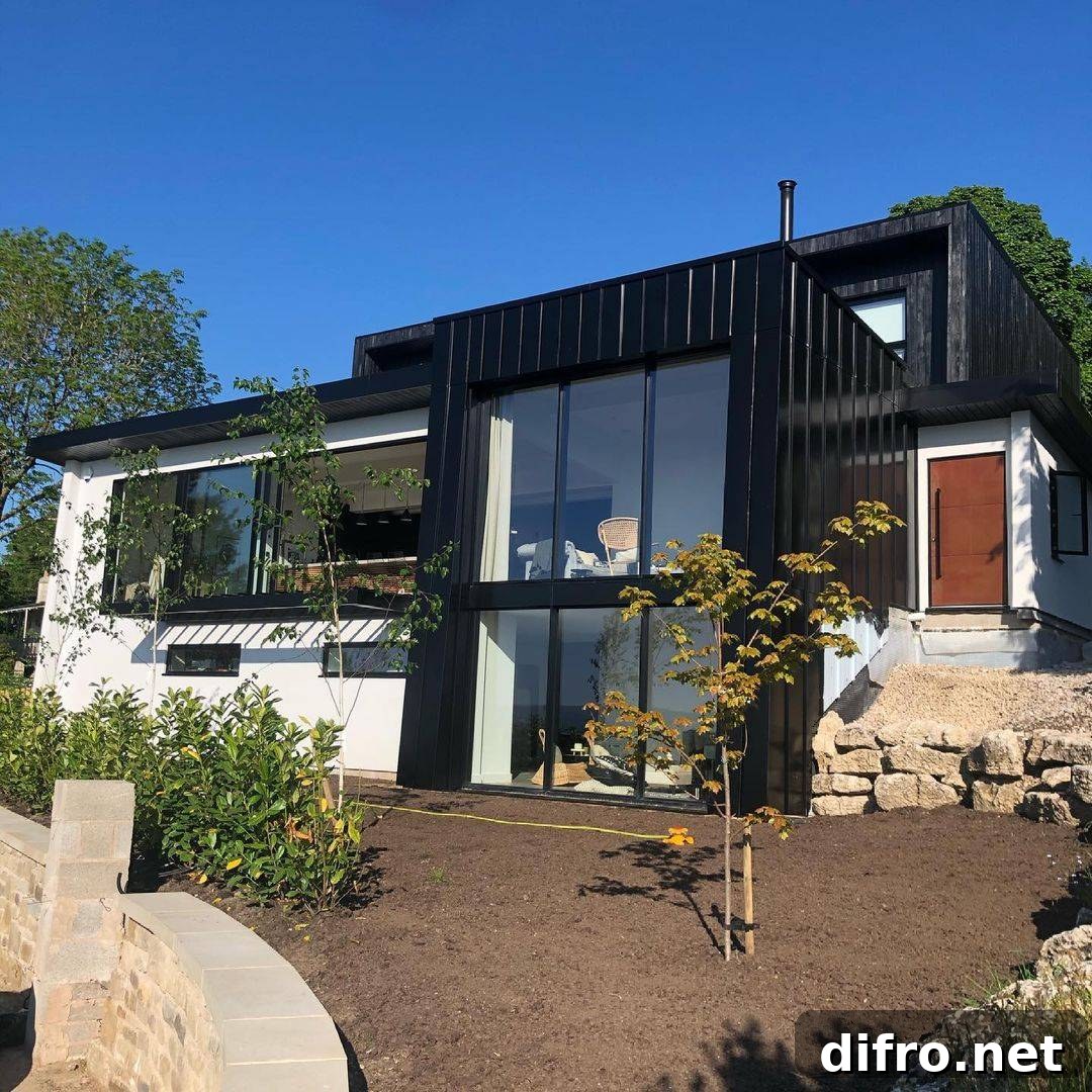 Black and white box house with glass panels