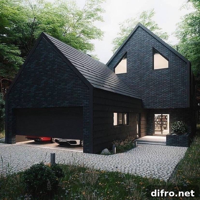 Black house with semi-open garage door