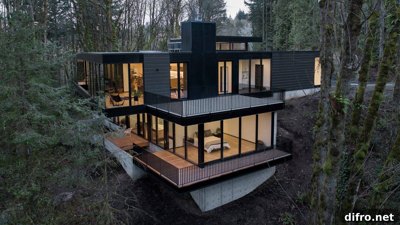 Two-story black house with glass walls in the middle of the forest