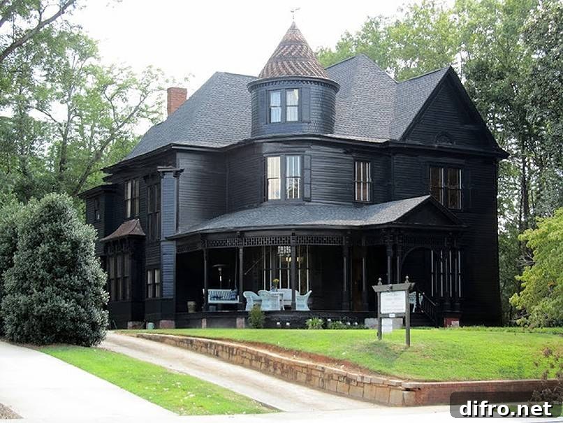 Rustic black house with a tower