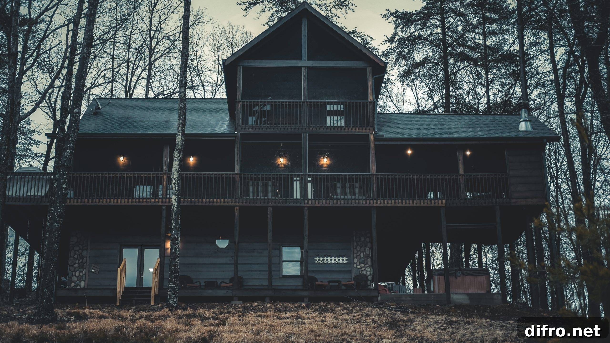 Black house exterior with lamps