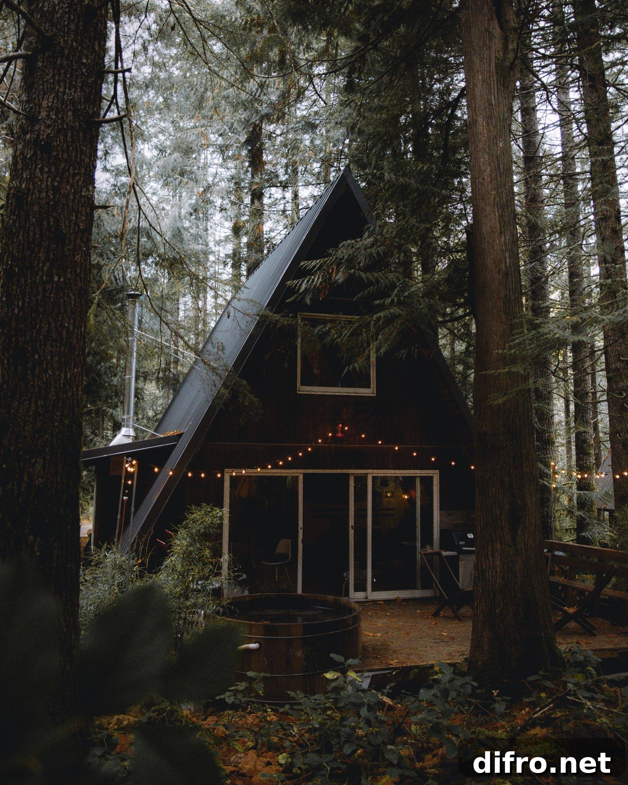 Black house hidden among tall trees