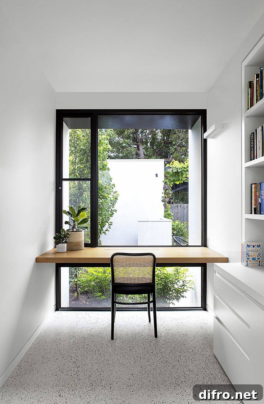 Modern and minimal home workstation design with just a floating wooden plank in the corner
