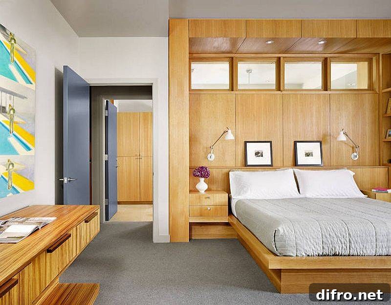 Bedroom with clerestory windows admitting light from the living area