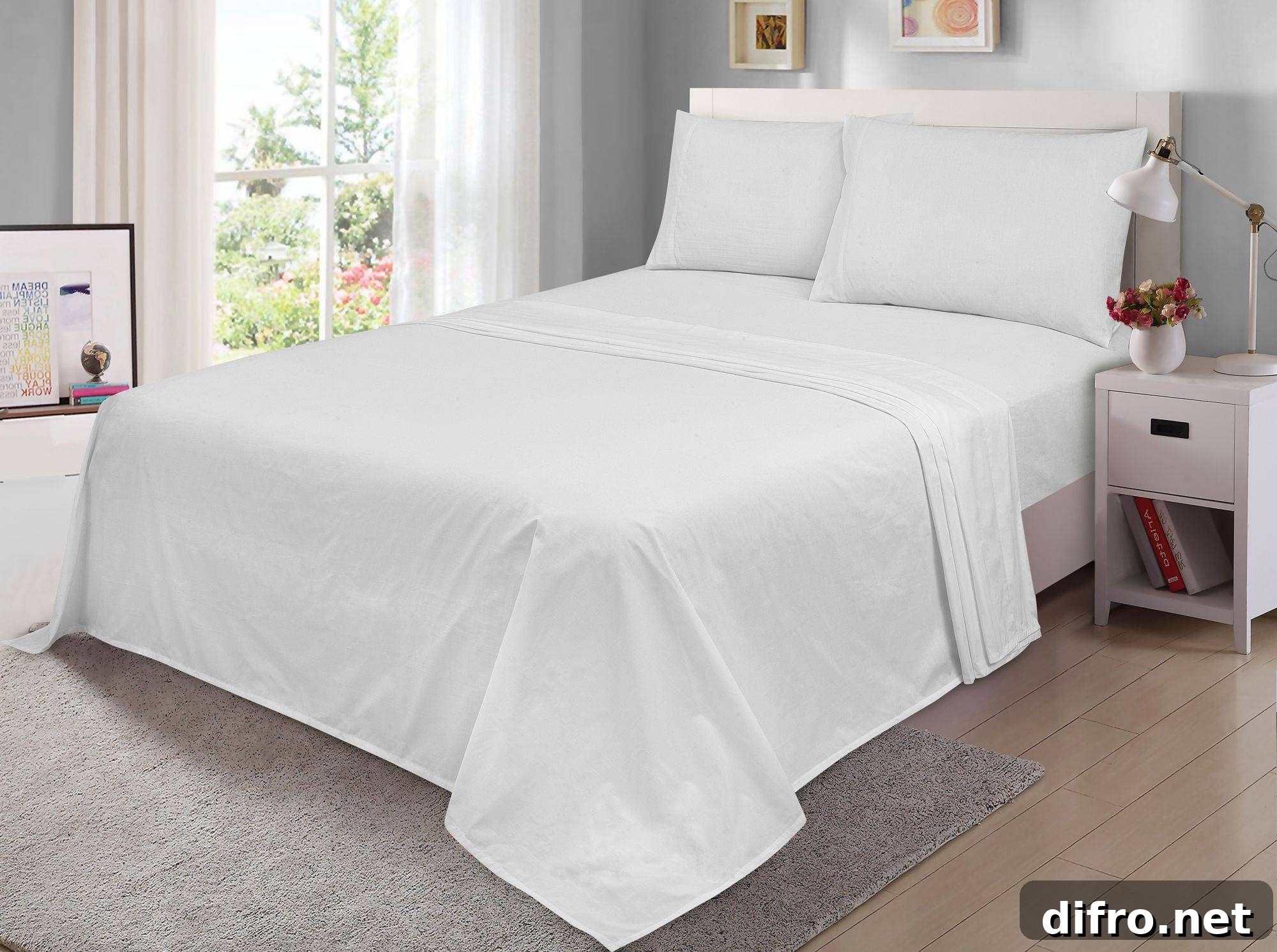 Minimalist bedroom with all-white bed