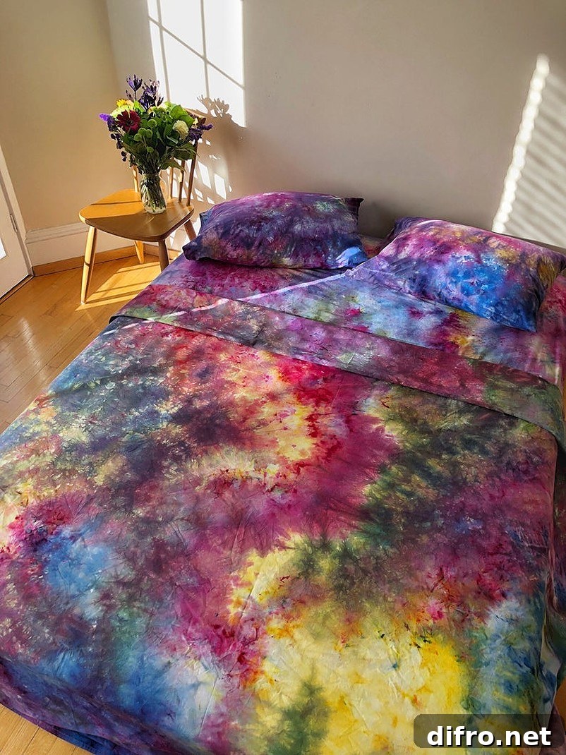Bed with tie dye sheets and pillows beside a vase full of flowers