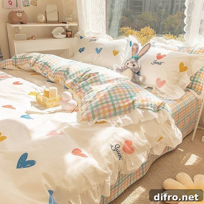 Stuffed rabbit on colorful bed