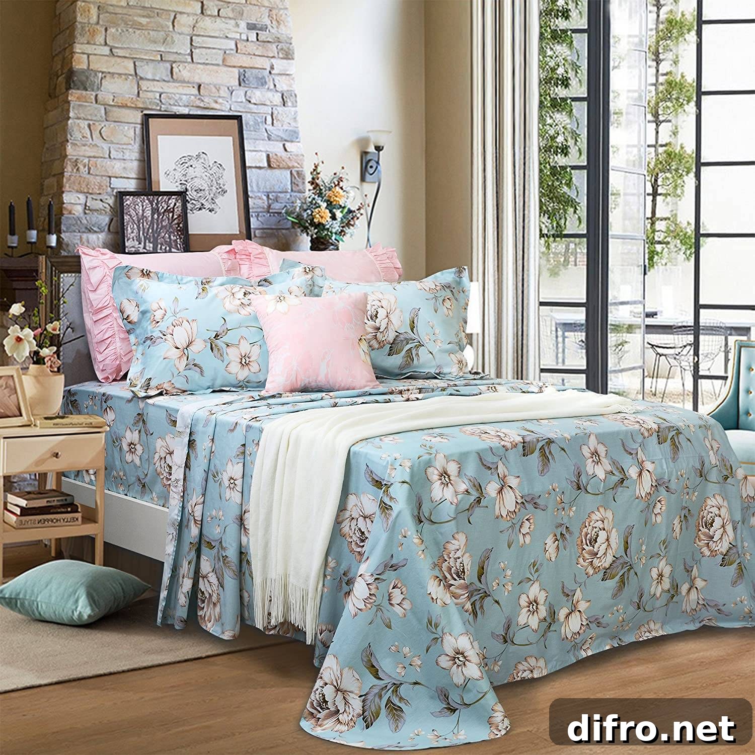 Bed with blue and pink floral sheets