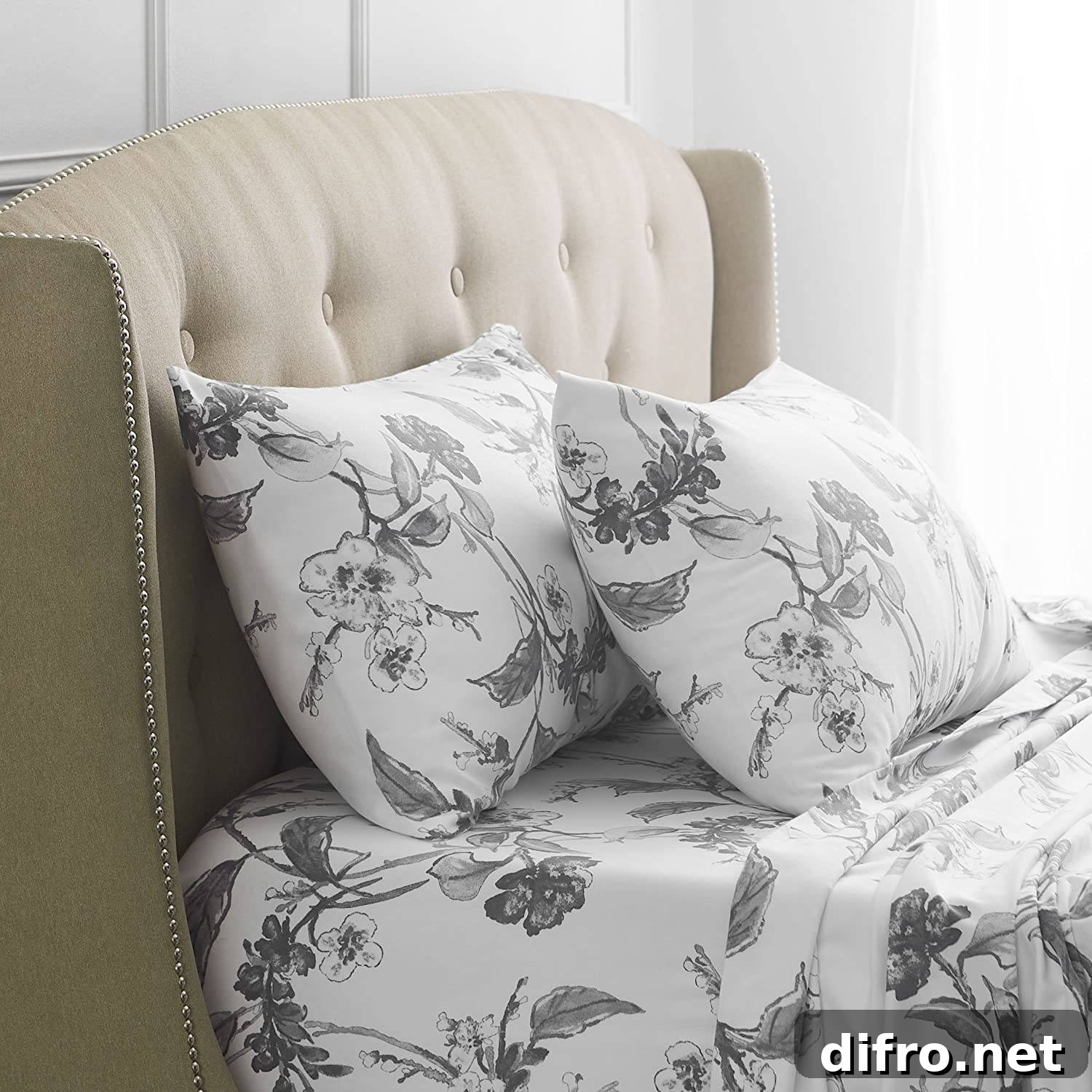 Grey floral printed pillow case and bed sheets