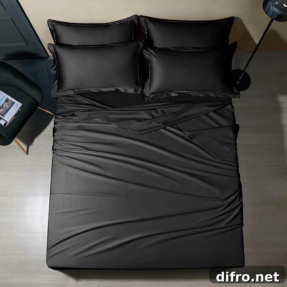 Bed with black sheets and pillows