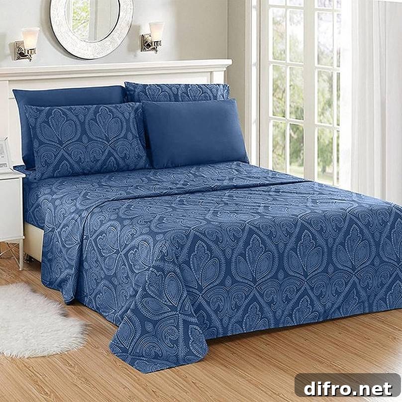Blue printed bedsheets on bed with overhead round mirror