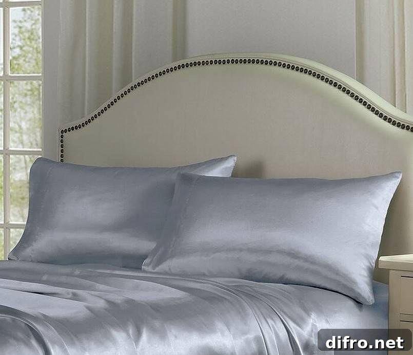 Grey satin sheet on bed with two pillows