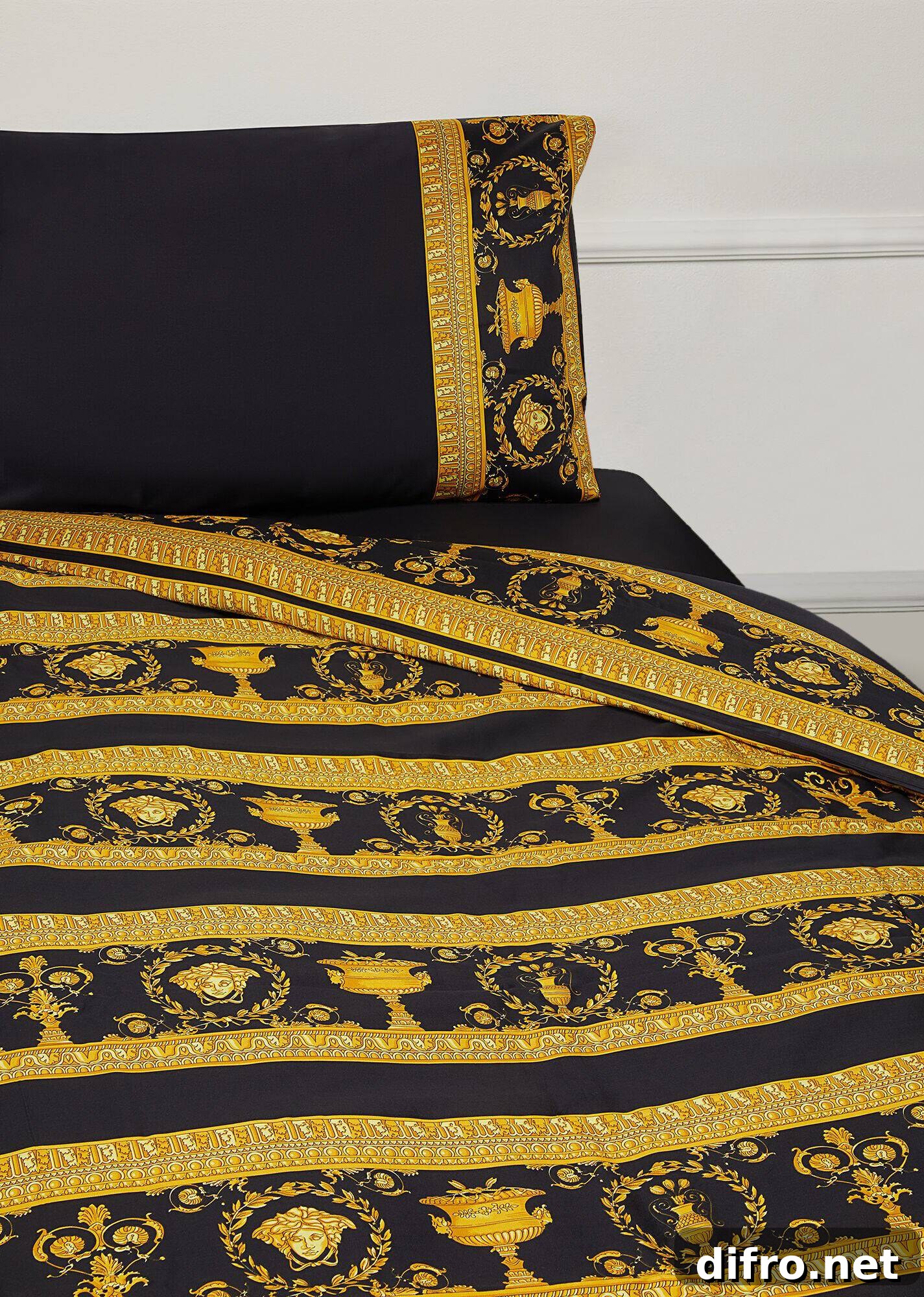 Gold and black bed sheets and pillow case