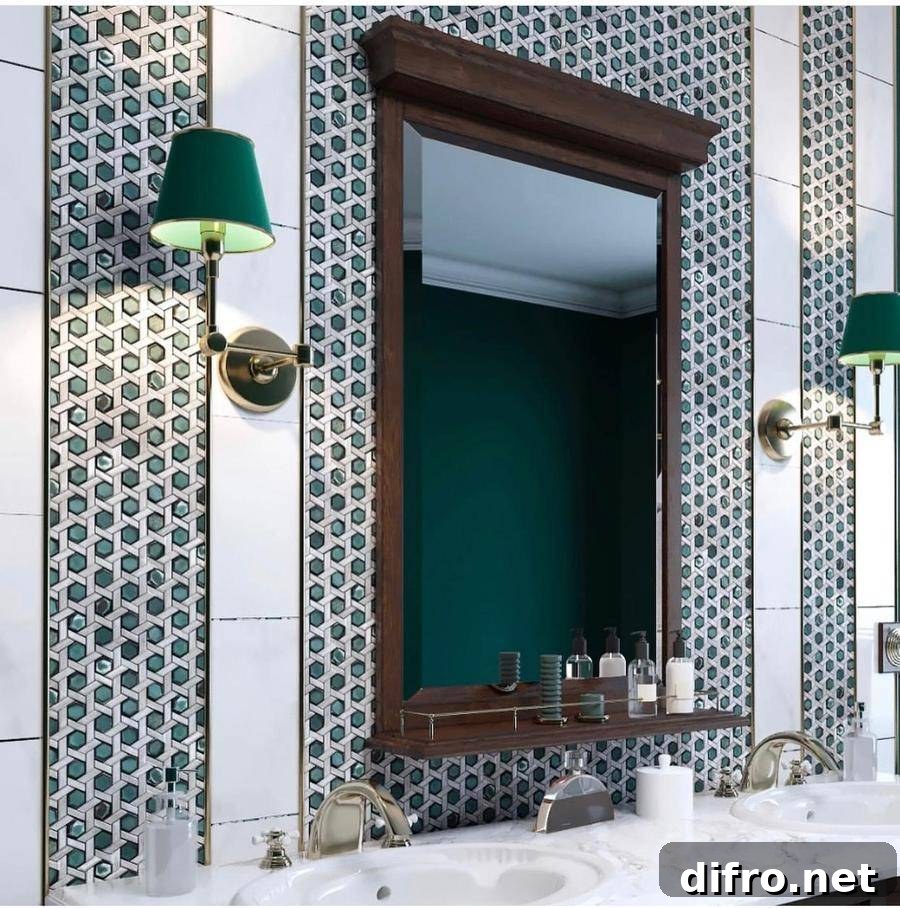 Large mirror in between green wall lamps