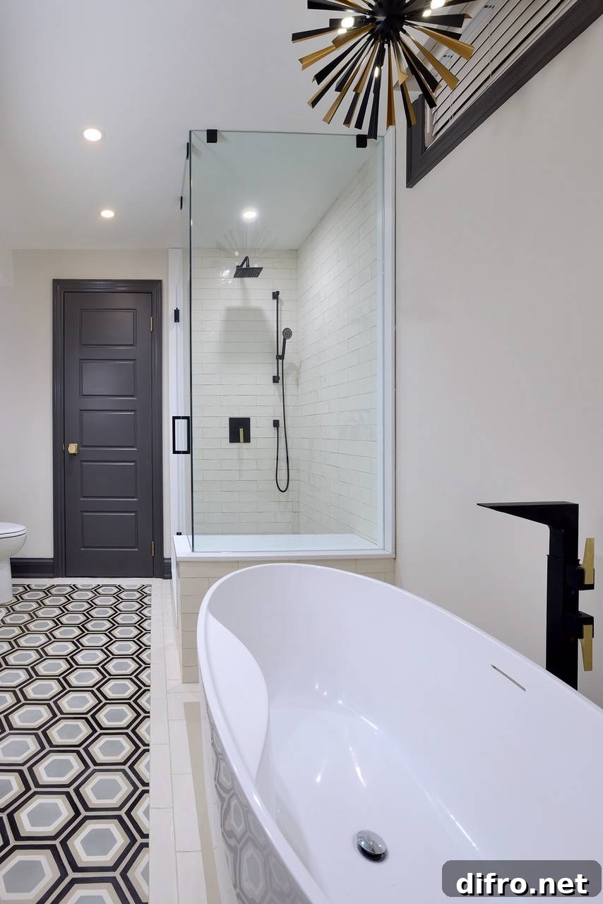 Black bathroom door beside shower