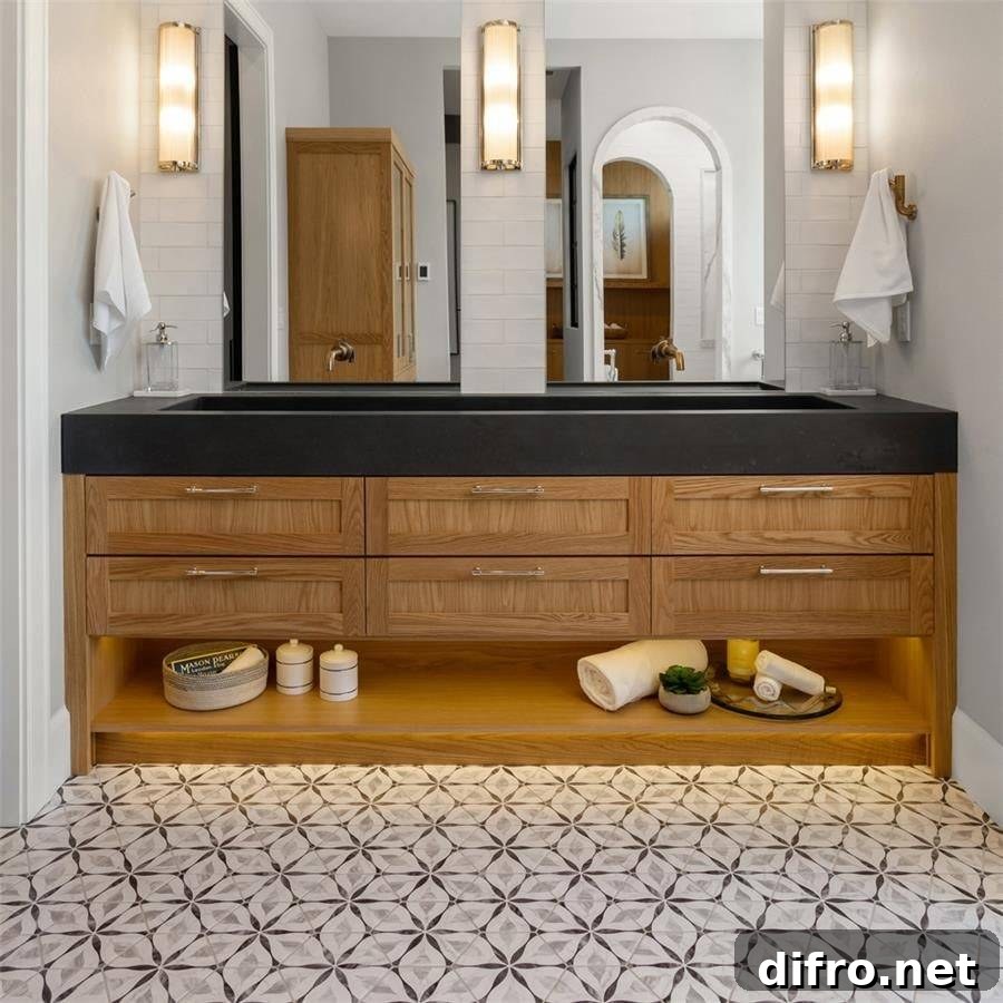Modern bathroom sink with wooden drawers