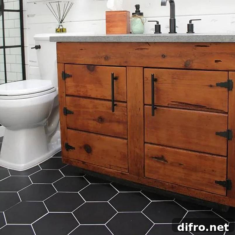 Black hexagon tiles on bathroom floor