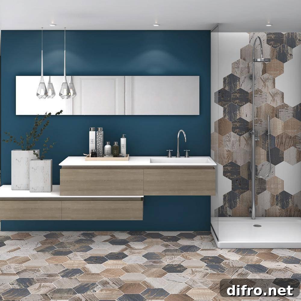 Hexagon tiles on floor and shower area