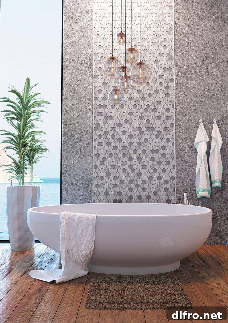 Round pendant lights above bath tub