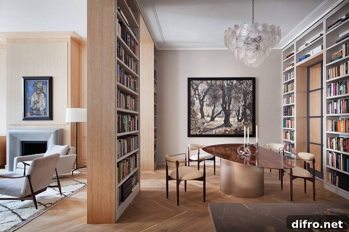 Dining area with floor-to-ceiling bookshelves