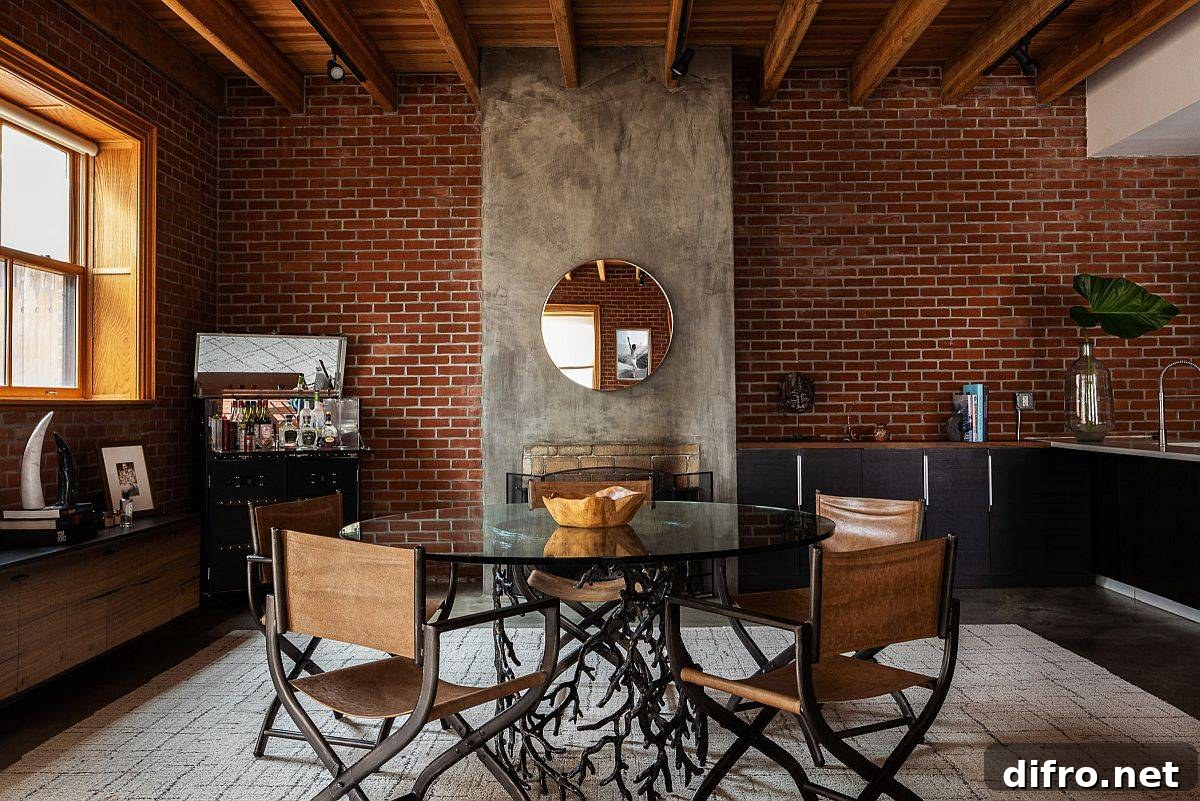 Dining room with exposed brick wall