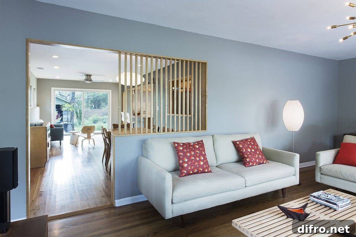 Wooden slat partition between living area and dining room