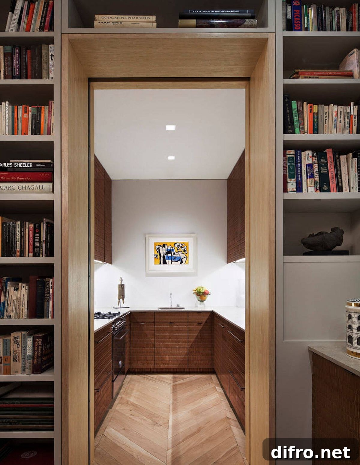 Modern kitchen with chevron wood floor and oak cabinets