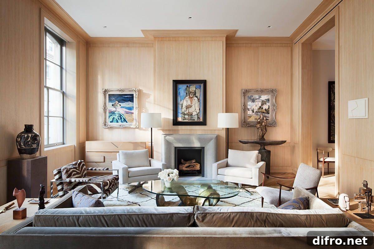 Living room walls draped in rift white oak with natural light and modern decor